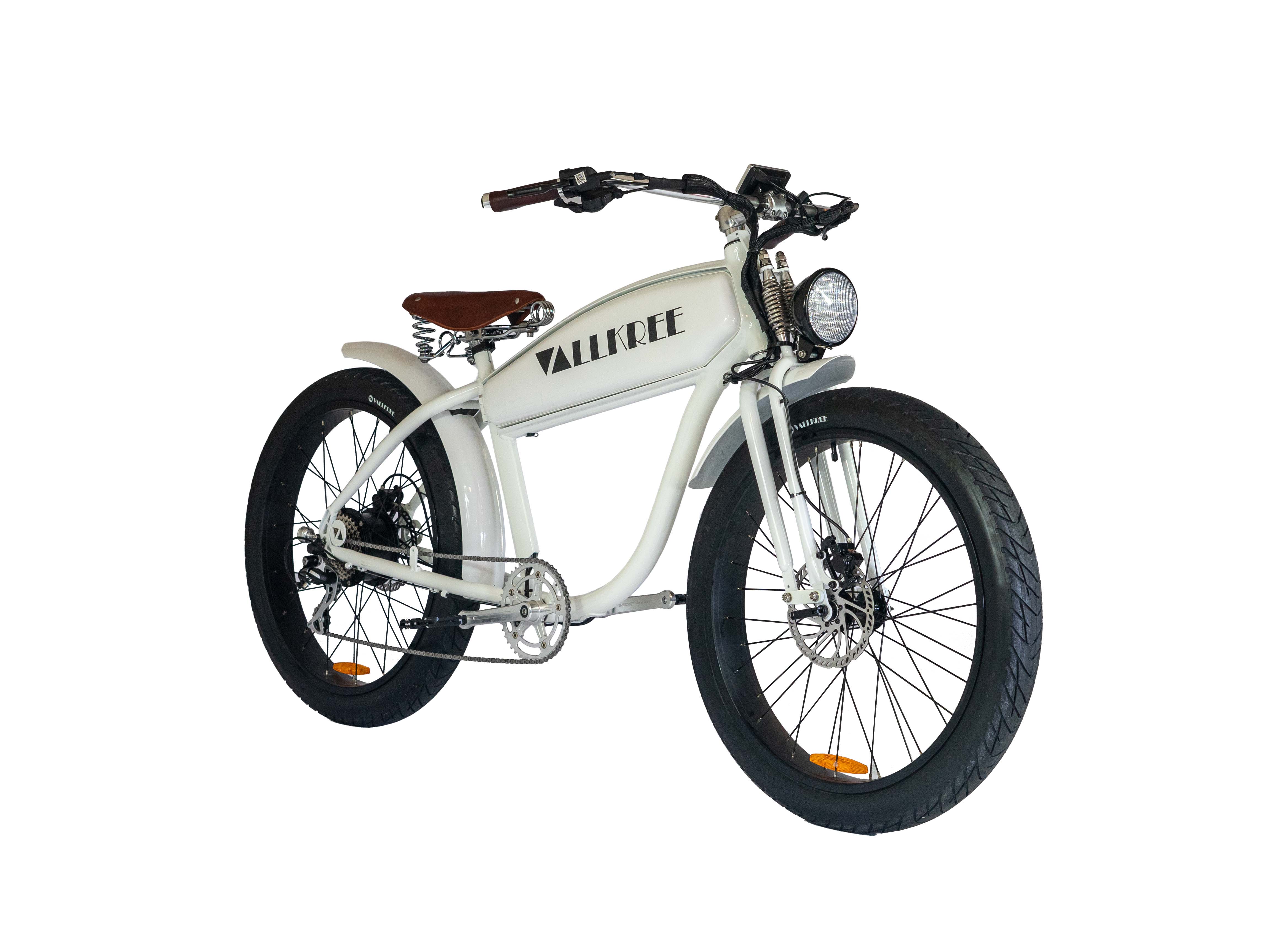 Vallkree The Drifter board-track moped-style e-bike in gloss white, side profile on white background