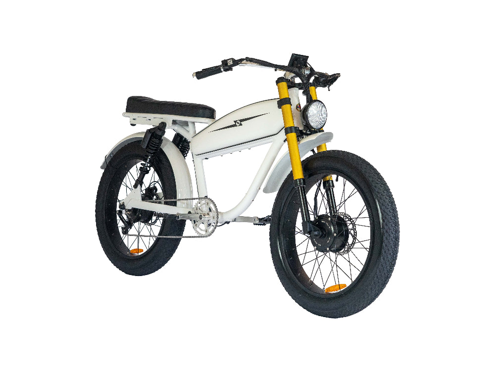 Vallkree The Mechanism 24 Dual Suspension electric bike in Metallic White, three quarter view on white background